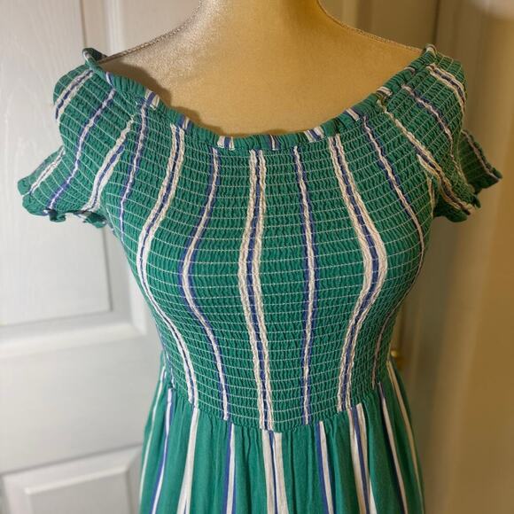Cleobella Jade Jumpsuit Teal Navy White Striped Off the Shoulder Wide Leg Small - Picture 3 of 13